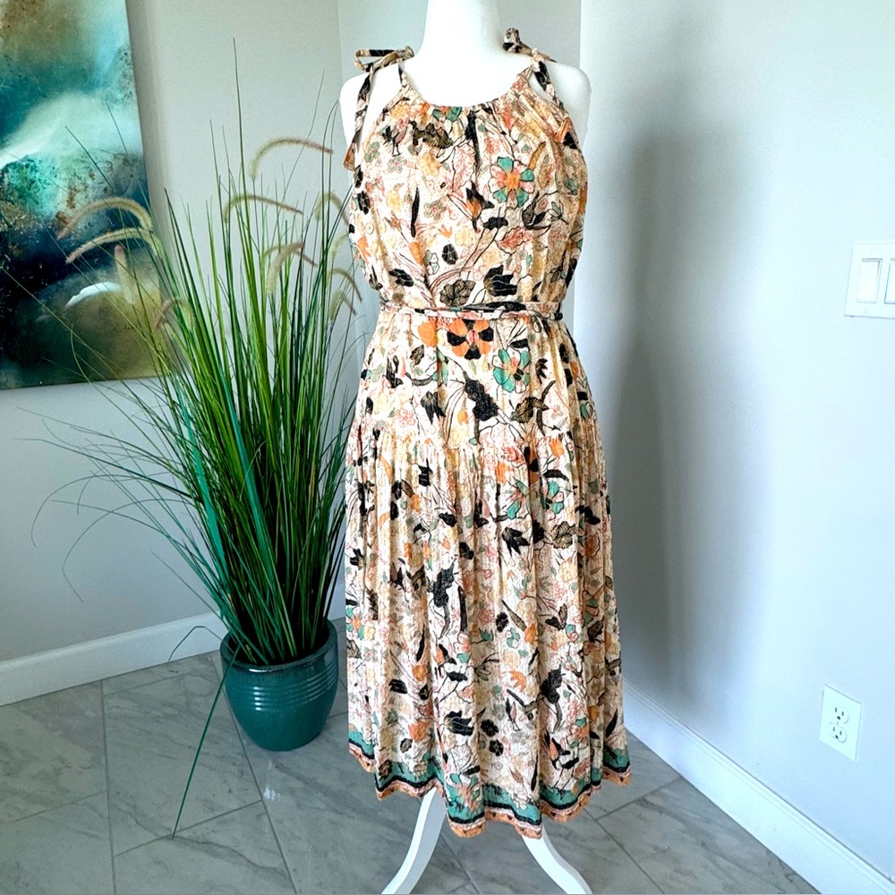ULLA JOHNSON Samar Print Sleeveless Ruffle Hem Midi Dress size 14